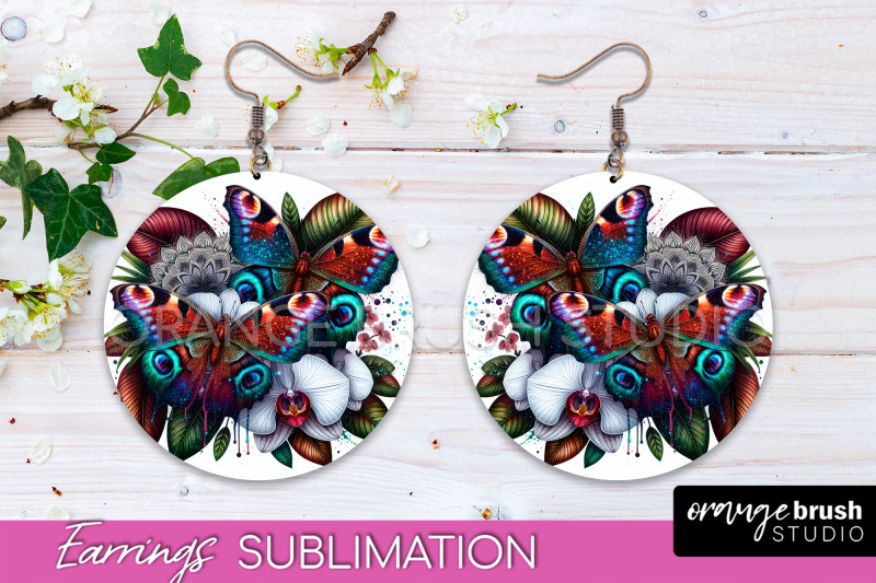 butterfly-earrings-sublimation-flower-round-earrings