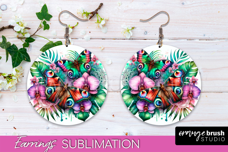 butterfly-earrings-sublimation-flower-round-earrings