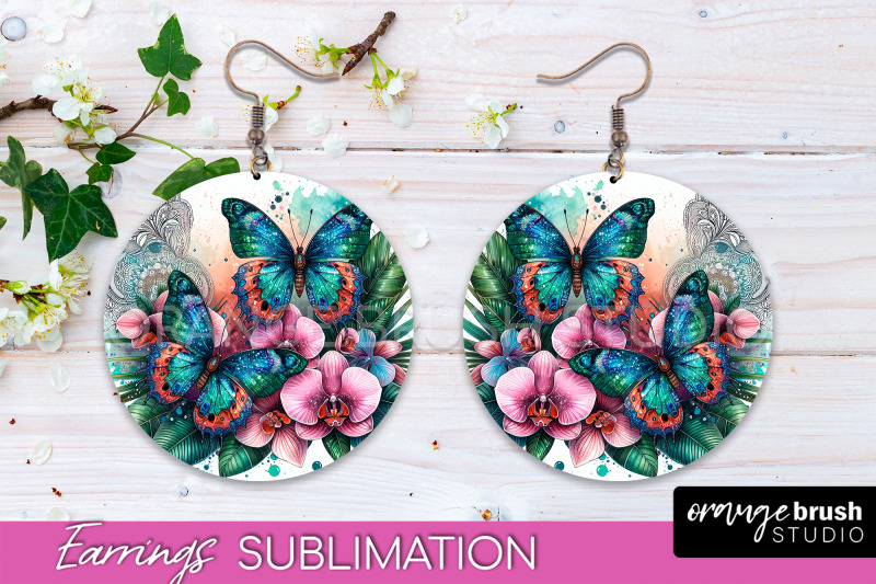 butterfly-earrings-sublimation-flower-round-earrings