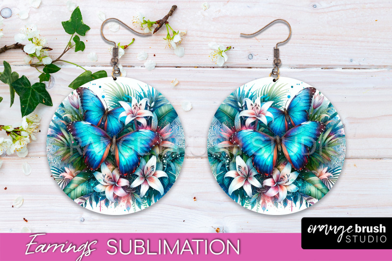 butterfly-earrings-sublimation-flower-round-earrings