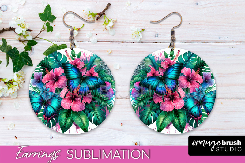 butterfly-earrings-sublimation-flower-round-earrings