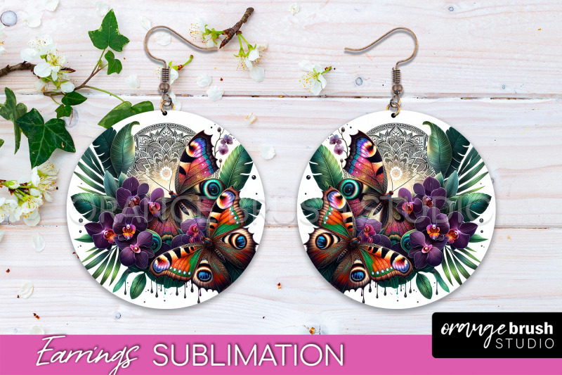 butterfly-earrings-sublimation-flower-round-earrings