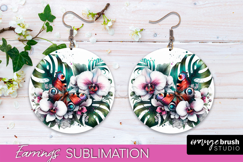 butterfly-earrings-sublimation-flower-round-earrings