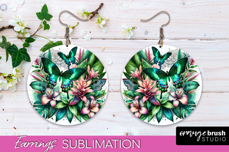 butterfly-earrings-sublimation-flower-round-earrings