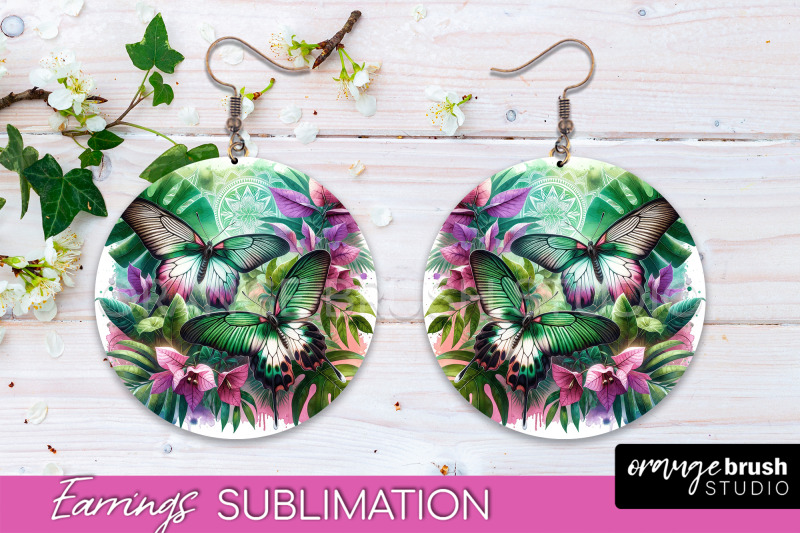 butterfly-earrings-sublimation-flower-round-earrings