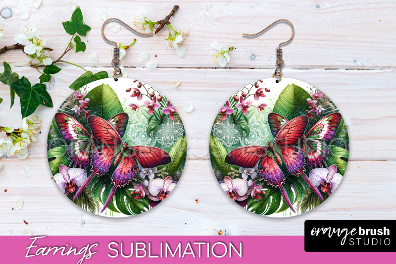 butterfly-earrings-sublimation-flower-round-earrings