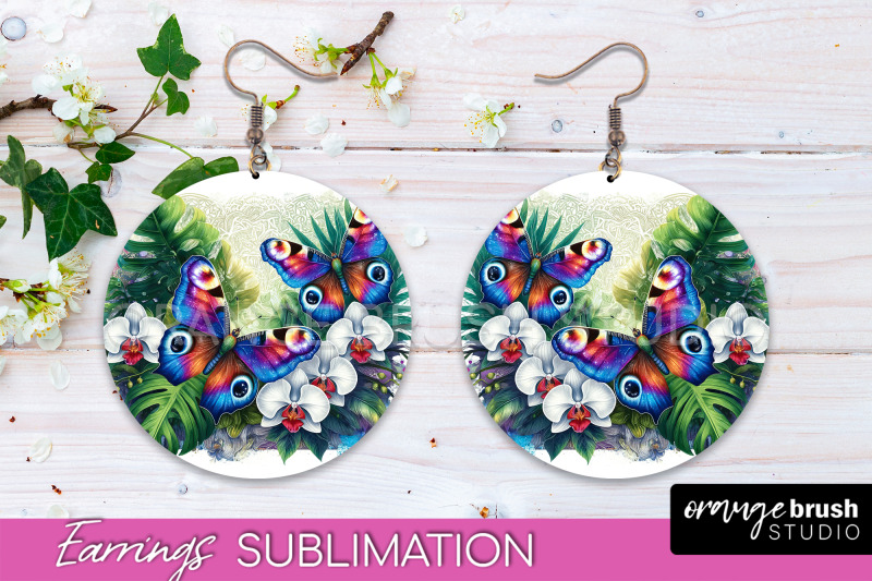 butterfly-earrings-sublimation-flower-round-earrings