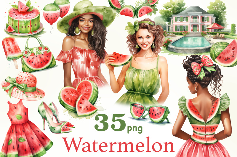 watermelon-clipart-summer-girl-png-bundle