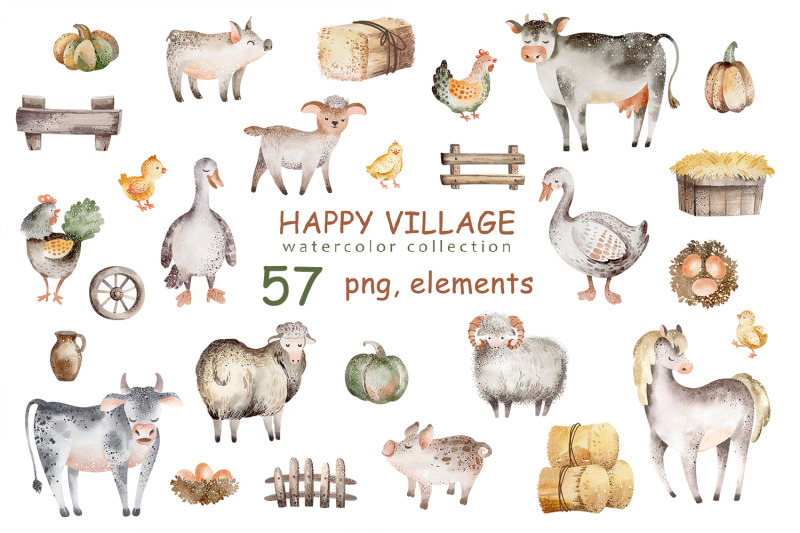 happy-village-watercolor-farm-animals