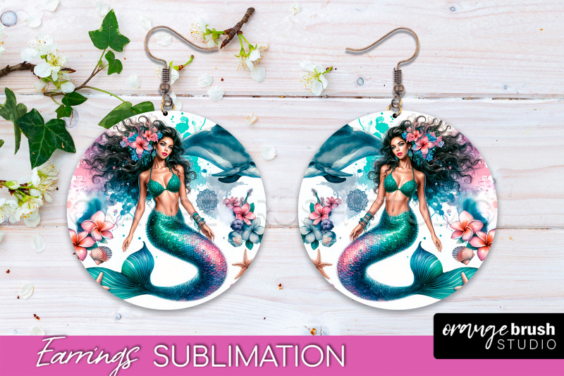 mermaid-earrings-png-watercolor-mermaid-round-earrings-png