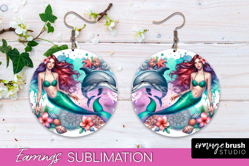 mermaid-earrings-png-watercolor-mermaid-round-earrings-png