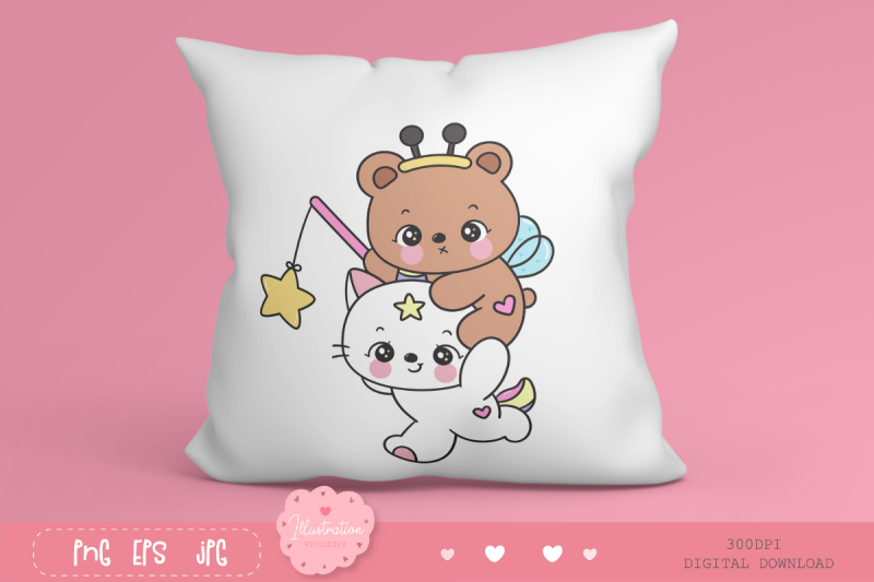 cute-cat-unicorn-and-teddy-bear-catch-star-kawaii-clipart