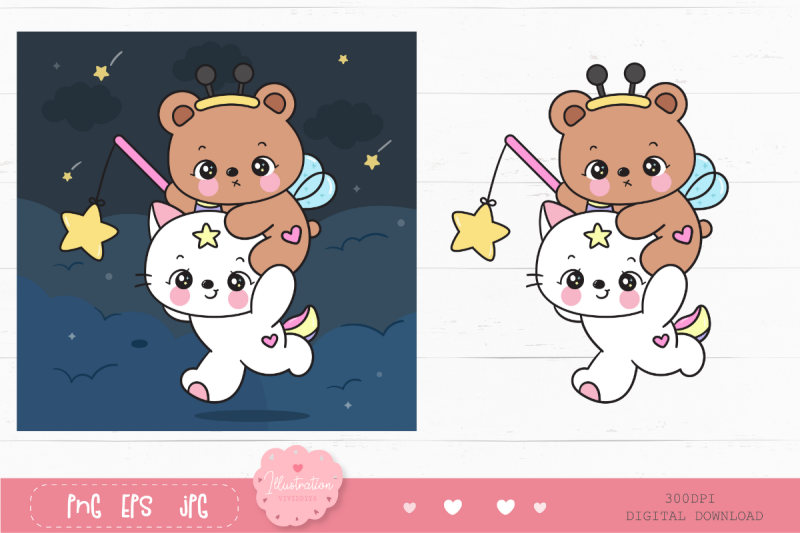 cute-cat-unicorn-and-teddy-bear-catch-star-kawaii-clipart