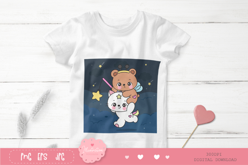 cute-cat-unicorn-and-teddy-bear-catch-star-kawaii-clipart