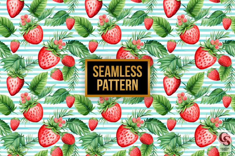 watercolor-tropical-strawberry-seamless-patterns