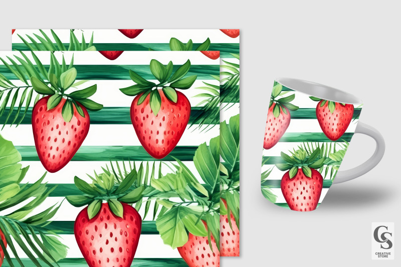 watercolor-tropical-strawberry-seamless-patterns