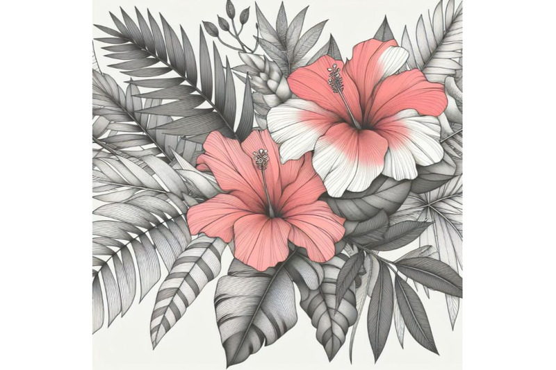 tropical-coral-flowers-and-leaves-on-black-and-white-background