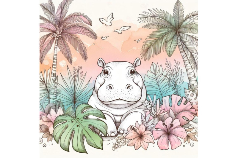 tropical-summer-watercolor-hippo