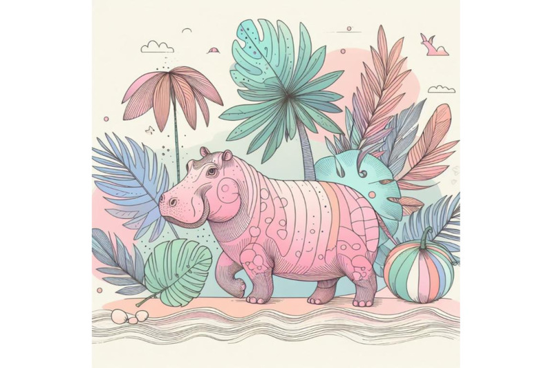 tropical-summer-watercolor-hippo