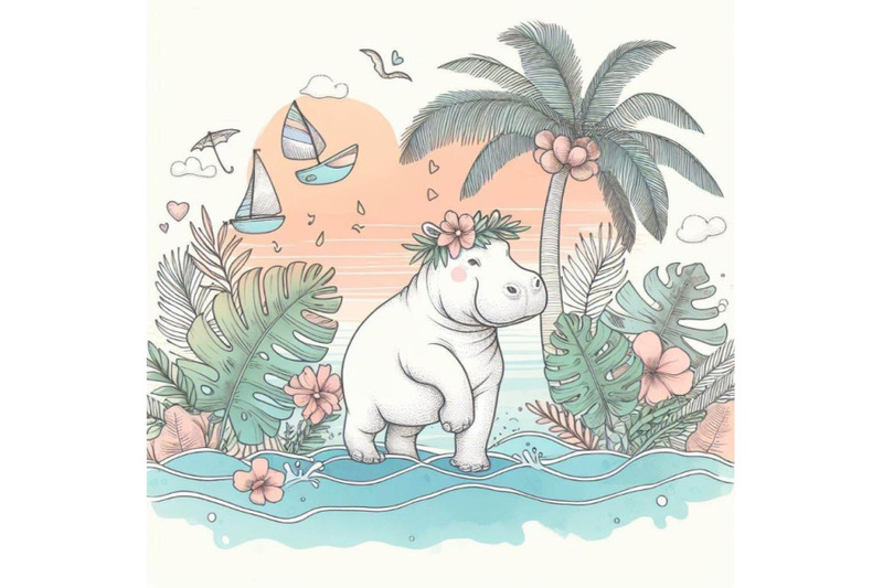 tropical-summer-watercolor-hippo