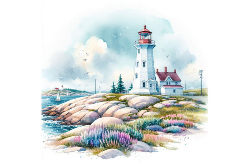 watercolor-picture-of-a-beautiful-white-lighthouse-in-peggy-s-cove