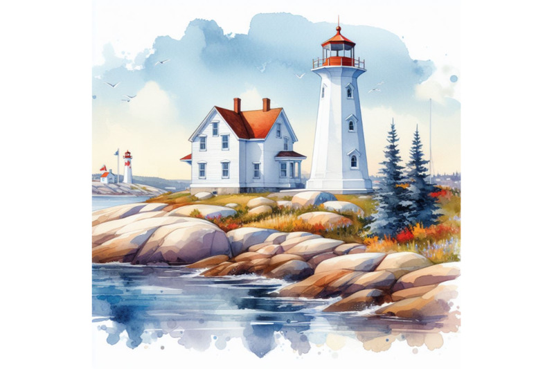 watercolor-picture-of-a-beautiful-white-lighthouse-in-peggy-s-cove