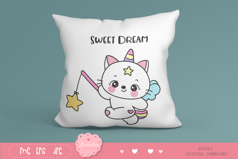 cute-cat-unicorn-catch-star-kawaii-clipart-bedtime-kitten