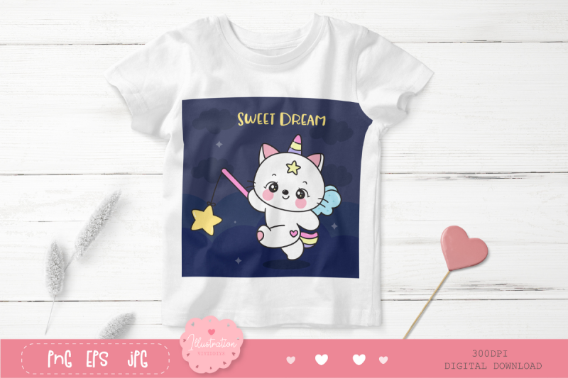 cute-cat-unicorn-catch-star-kawaii-clipart-bedtime-kitten