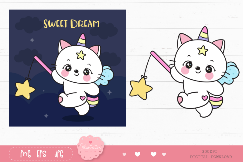 cute-cat-unicorn-catch-star-kawaii-clipart-bedtime-kitten