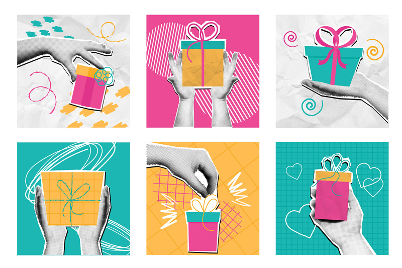 mixed-media-hand-with-gifts-halftone-hands-holding-birthday-gift-box