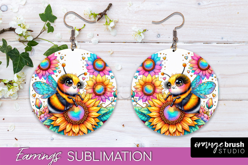 bee-earrings-png-bee-flowers-round-earring-sublimation