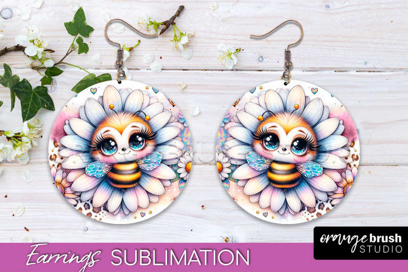 bee-earrings-png-bee-flowers-round-earring-sublimation