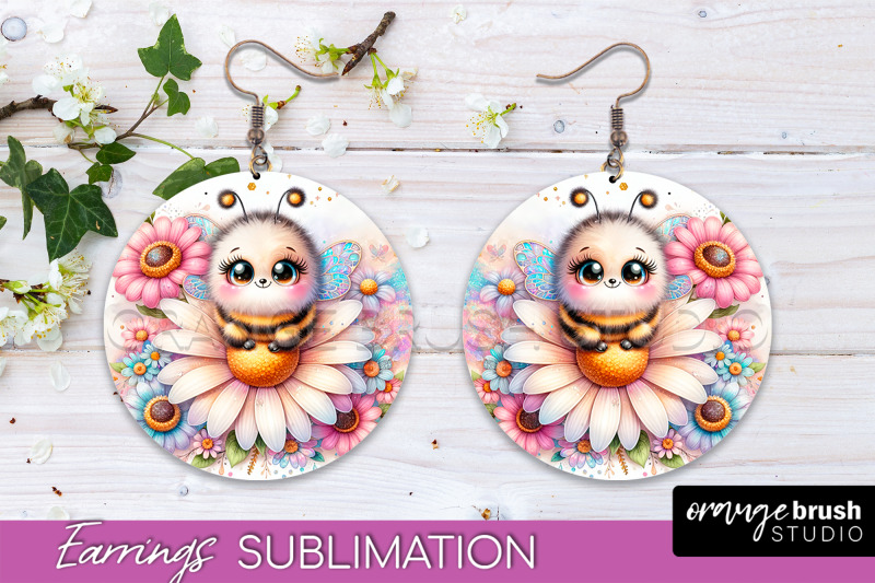 bee-earrings-png-bee-flowers-round-earring-sublimation