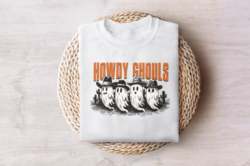 howdy-ghouls-png-funny-fall-western-ghost-sublimation-design-retro-spooky-season-halloween-tshirt-amp-kids-png-files-digital-download