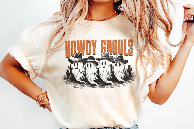 howdy-ghouls-png-funny-fall-western-ghost-sublimation-design-retro-spooky-season-halloween-tshirt-amp-kids-png-files-digital-download