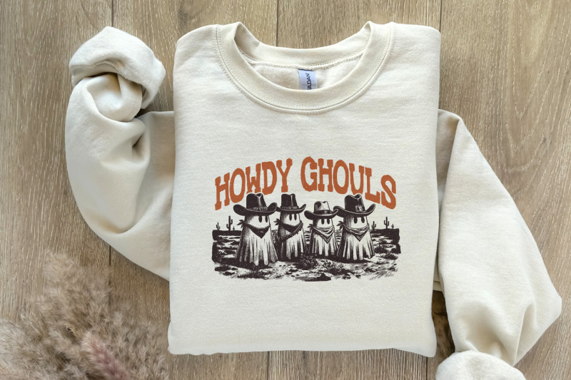 howdy-ghouls-png-funny-fall-western-ghost-sublimation-design-retro-spooky-season-halloween-tshirt-amp-kids-png-files-digital-download