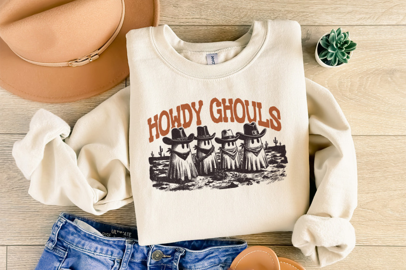 howdy-ghouls-png-funny-fall-western-ghost-sublimation-design-retro-spooky-season-halloween-tshirt-amp-kids-png-files-digital-download