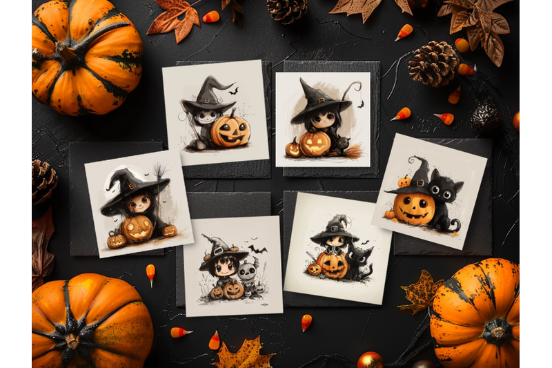 comic-halloween-set-with-cute-witches-black-kittens-pumpkins