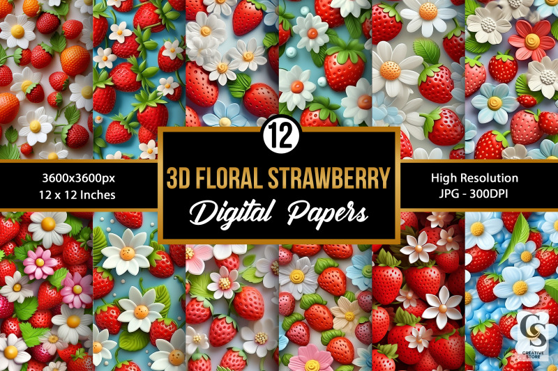 floral-3d-strawberry-seamless-patterns