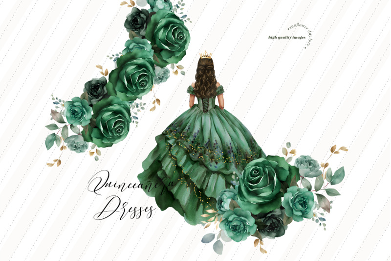 emerald-green-princess-dress-clipart-green-flowers-watercolor