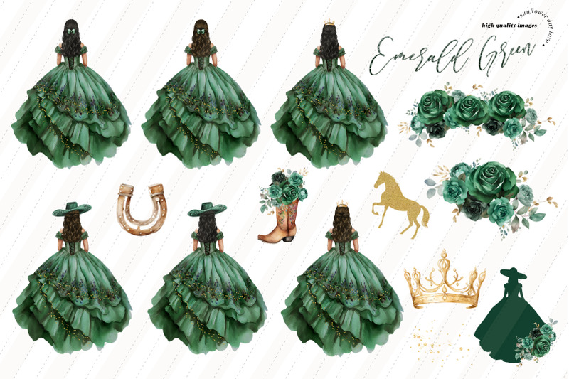 emerald-green-princess-dress-clipart-green-flowers-watercolor