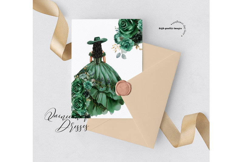 emerald-green-princess-dress-clipart-green-flowers-watercolor