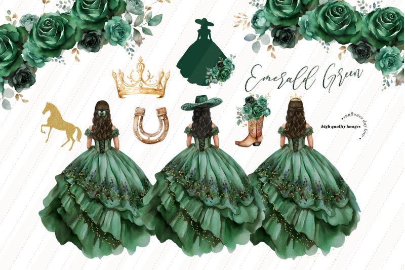 emerald-green-princess-dress-clipart-green-flowers-watercolor