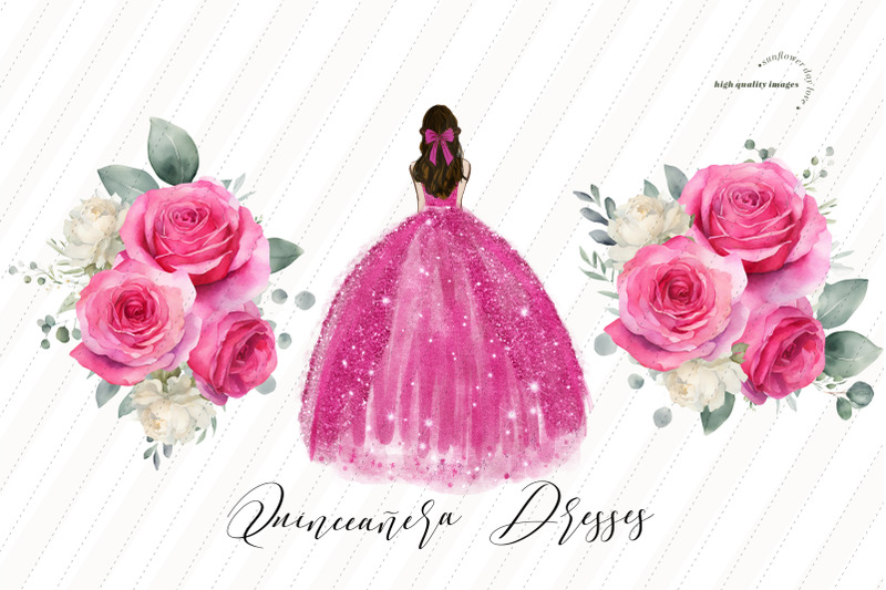 bright-pink-fuchsia-princess-clipart-pink-roses-mis-quince