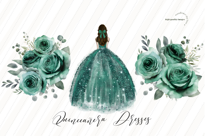 emerald-green-princess-clipart-mis-quince-clipart-green-flowers