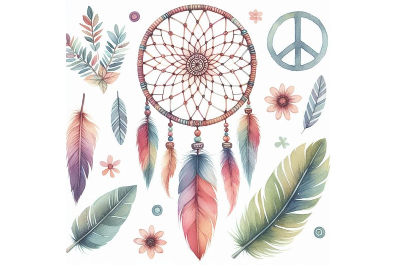 watercolor-ethnic-dream-catcher-and-p