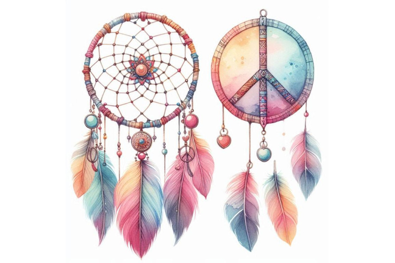 watercolor-ethnic-dream-catcher-and-p