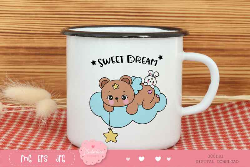 teddy-bear-and-bunny-rabbit-on-cloud-kawaii-cliparts-bedtime