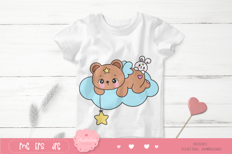 teddy-bear-and-bunny-rabbit-on-cloud-kawaii-cliparts-bedtime