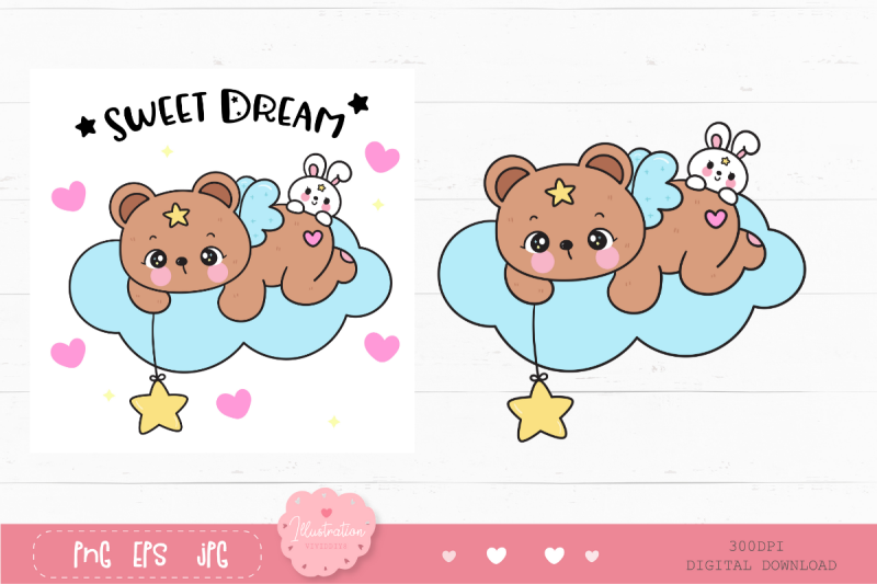 teddy-bear-and-bunny-rabbit-on-cloud-kawaii-cliparts-bedtime